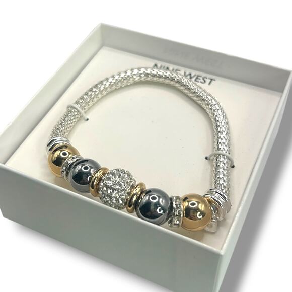 NEW Nine West Tri-Tone Pave Fireball Stretch Bracelet Silver Gold Gray Beaded - Picture 4 of 8